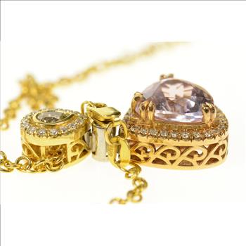 14K 7.05 Ctw Morganite Diamond Halo Drop Yellow Gold Necklace 17