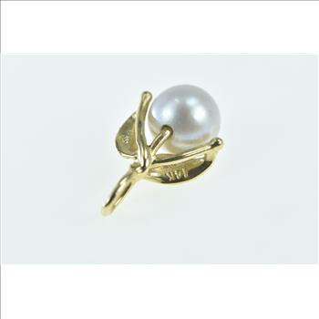 14K 7.7mm Pearl Leaf Accent Nature Motif Yellow Gold Pendant
