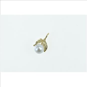 14K 7.7mm Pearl Leaf Accent Nature Motif Yellow Gold Pendant