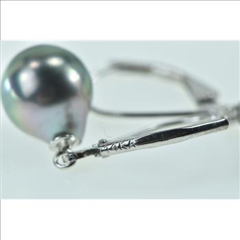 14K 9.4mm Vintage Pearl Diamond Dangle White Gold Earrings