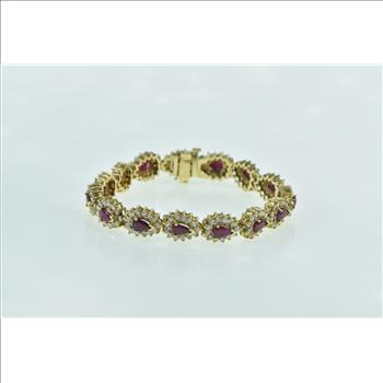 14K 9.90 Ctw Pear Ruby Diamond Halo Tennis Yellow Gold Bracelet 7