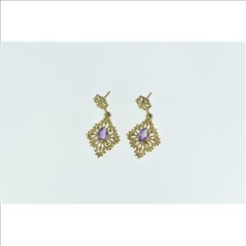 14K Amethyst Ornate Etruscan Revival Dangle Yellow Gold Earrings