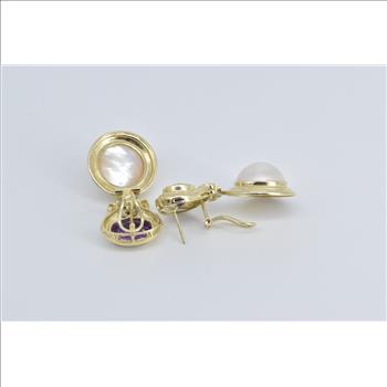 14K Amethyst Pearl Diamond Ornate French Clip Yellow Gold Earrings