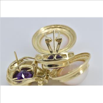 14K Amethyst Pearl Diamond Ornate French Clip Yellow Gold Earrings