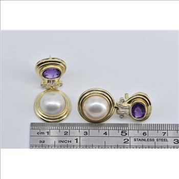 14K Amethyst Pearl Diamond Ornate French Clip Yellow Gold Earrings