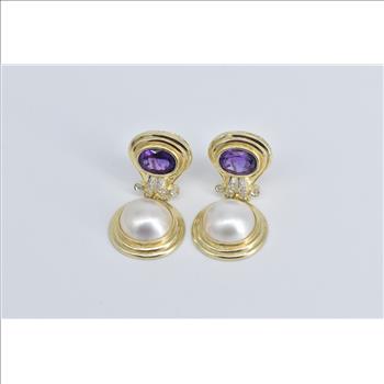 14K Amethyst Pearl Diamond Ornate French Clip Yellow Gold Earrings