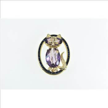14K Amethyst Seed Pearl Syn. Sapphire Cat Oval Yellow Gold Pin/Brooch