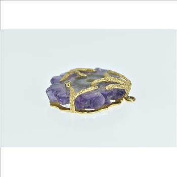14K Amethyst Slice Geode Diamond Leaf Branch Yellow Gold Pendant