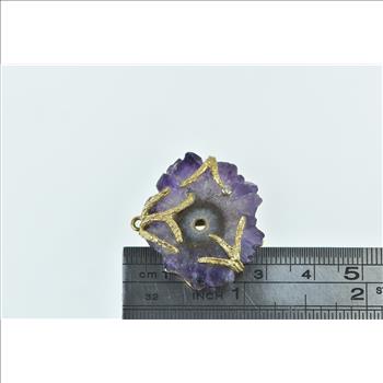 14K Amethyst Slice Geode Diamond Leaf Branch Yellow Gold Pendant