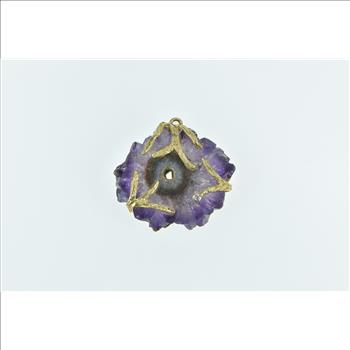 14K Amethyst Slice Geode Diamond Leaf Branch Yellow Gold Pendant