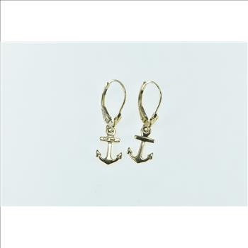 14K Anchor Nautical Sailing Hope Symbol Dangle Yellow Gold Earrings