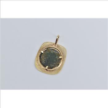 14K Ancient Coin Ornate Squared Statement Yellow Gold Pendant