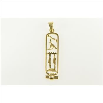 14K Ancient Egyptian Hieroglyphics Ornate Bar Yellow Gold Pendant