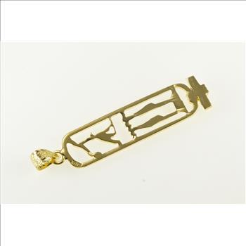 14K Ancient Egyptian Hieroglyphics Ornate Bar Yellow Gold Pendant