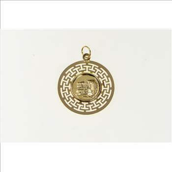 14K Ancient Greek Motif Parthenon Round Yellow Gold Charm/Pendant