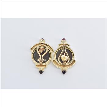 14K Ancient Roman Coin Garnet French Clip Yellow Gold Earrings