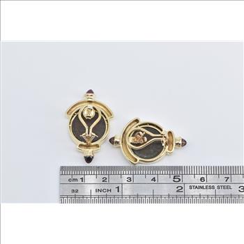 14K Ancient Roman Coin Garnet French Clip Yellow Gold Earrings