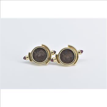 14K Ancient Roman Coin Garnet French Clip Yellow Gold Earrings