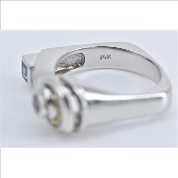 14K Aquamarine Tourmaline Diamond Question Mark White Gold Ring, Size 6.75