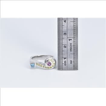 14K Aquamarine Tourmaline Diamond Question Mark White Gold Ring, Size 6.75