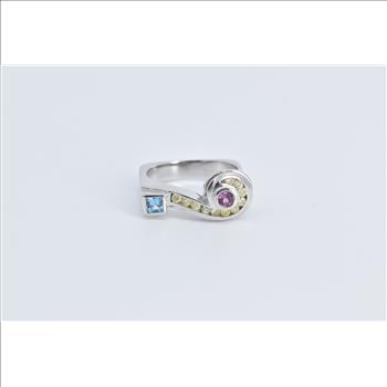 14K Aquamarine Tourmaline Diamond Question Mark White Gold Ring, Size 6.75