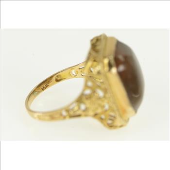 14K Art Deco Brown Agate Cabochon Ornate Filigree Yellow Gold Ring, Size 5.75