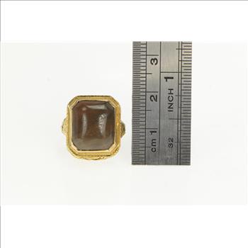 14K Art Deco Brown Agate Cabochon Ornate Filigree Yellow Gold Ring, Size 5.75