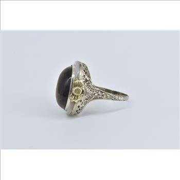 14K Art Deco Cat's Eye Mother of Pearl Filigree White Gold Ring, Size 8