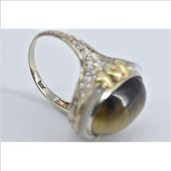14K Art Deco Cat's Eye Mother of Pearl Filigree White Gold Ring, Size 8