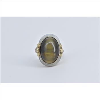 14K Art Deco Cat's Eye Mother of Pearl Filigree White Gold Ring, Size 8