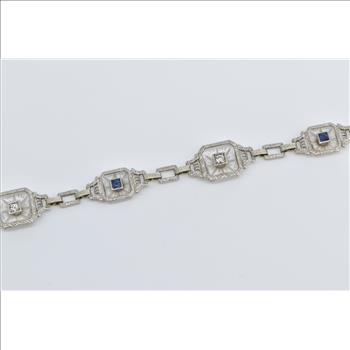 14K Art Deco Diamond Camphor Glass Syn Sapphire White Gold Bracelet 7