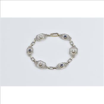 14K Art Deco Diamond Camphor Glass Syn Sapphire White Gold Bracelet 7