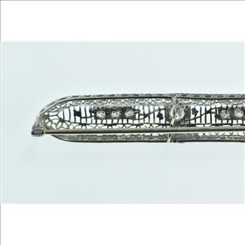 14K Art Deco Diamond Filigree Ornate Bar White Gold Pendant/Pin