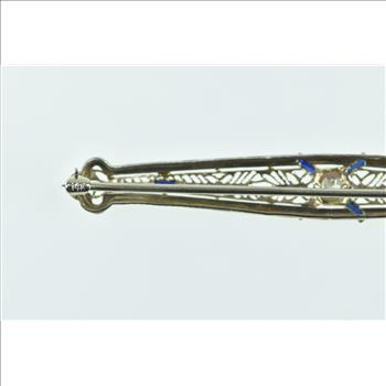14K Art Deco Diamond Sapphire Filigree Bar White Gold Pin/Brooch
