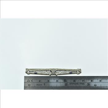 14K Art Deco Diamond Sapphire Filigree Bar White Gold Pin/Brooch