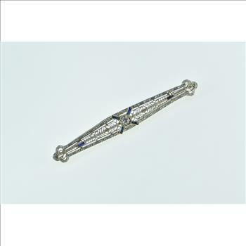 14K Art Deco Diamond Sapphire Filigree Bar White Gold Pin/Brooch