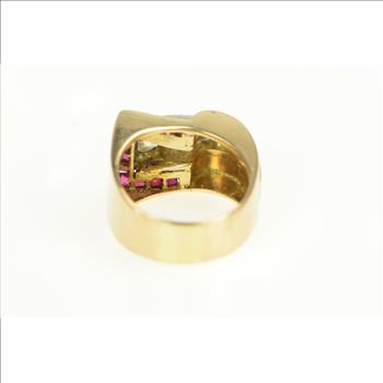 14K Art Deco Diamond Sapphire Ruby Buckle Yellow Gold Ring, Size 6.75