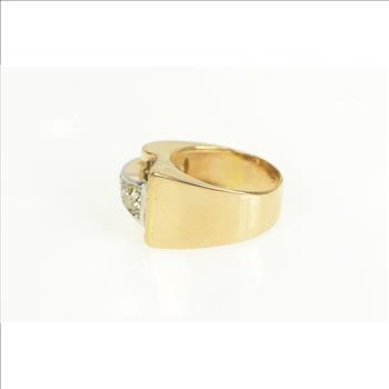 14K Art Deco Diamond Sapphire Ruby Buckle Yellow Gold Ring, Size 6.75