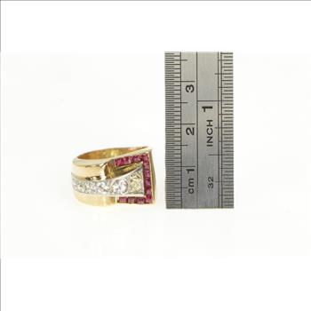 14K Art Deco Diamond Sapphire Ruby Buckle Yellow Gold Ring, Size 6.75