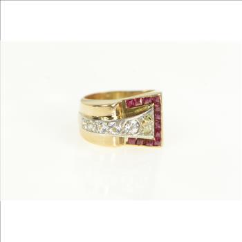 14K Art Deco Diamond Sapphire Ruby Buckle Yellow Gold Ring, Size 6.75