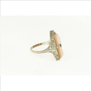 14K Art Deco Filigree Carved Shell Cameo Diamond White Gold Ring, Size 6.25