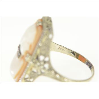 14K Art Deco Filigree Carved Shell Cameo Diamond White Gold Ring, Size 6.25