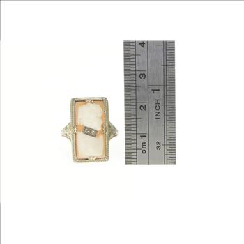 14K Art Deco Filigree Carved Shell Cameo Diamond White Gold Ring, Size 6.25