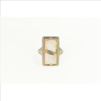 14K Art Deco Filigree Carved Shell Cameo Diamond White Gold Ring, Size 6.25
