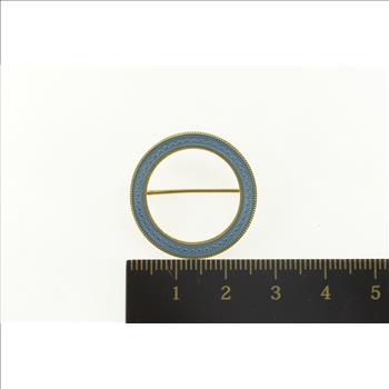 14K Art Deco Light Blue Enamel Circle Round Yellow Gold Pin/Brooch