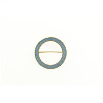 14K Art Deco Light Blue Enamel Circle Round Yellow Gold Pin/Brooch