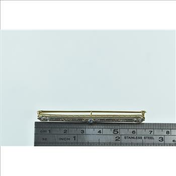 14K Art Deco Ornate Filigree Syn. Sapphire Bar Yellow Gold Pin/Brooch