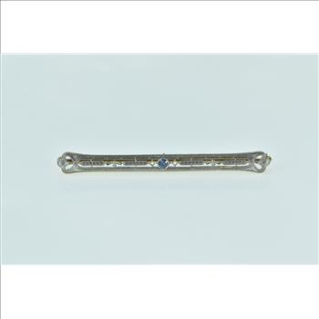 14K Art Deco Ornate Filigree Syn. Sapphire Bar Yellow Gold Pin/Brooch
