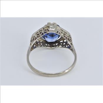 14K Art Deco Oval Filigree Syn. Sapphire White Gold Ring, Size 8