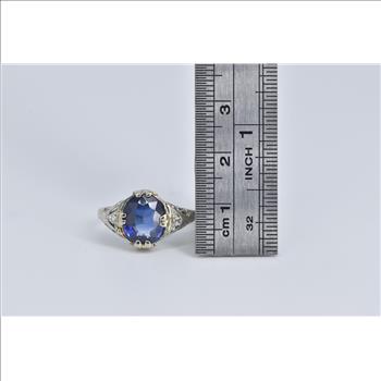 14K Art Deco Oval Filigree Syn. Sapphire White Gold Ring, Size 8